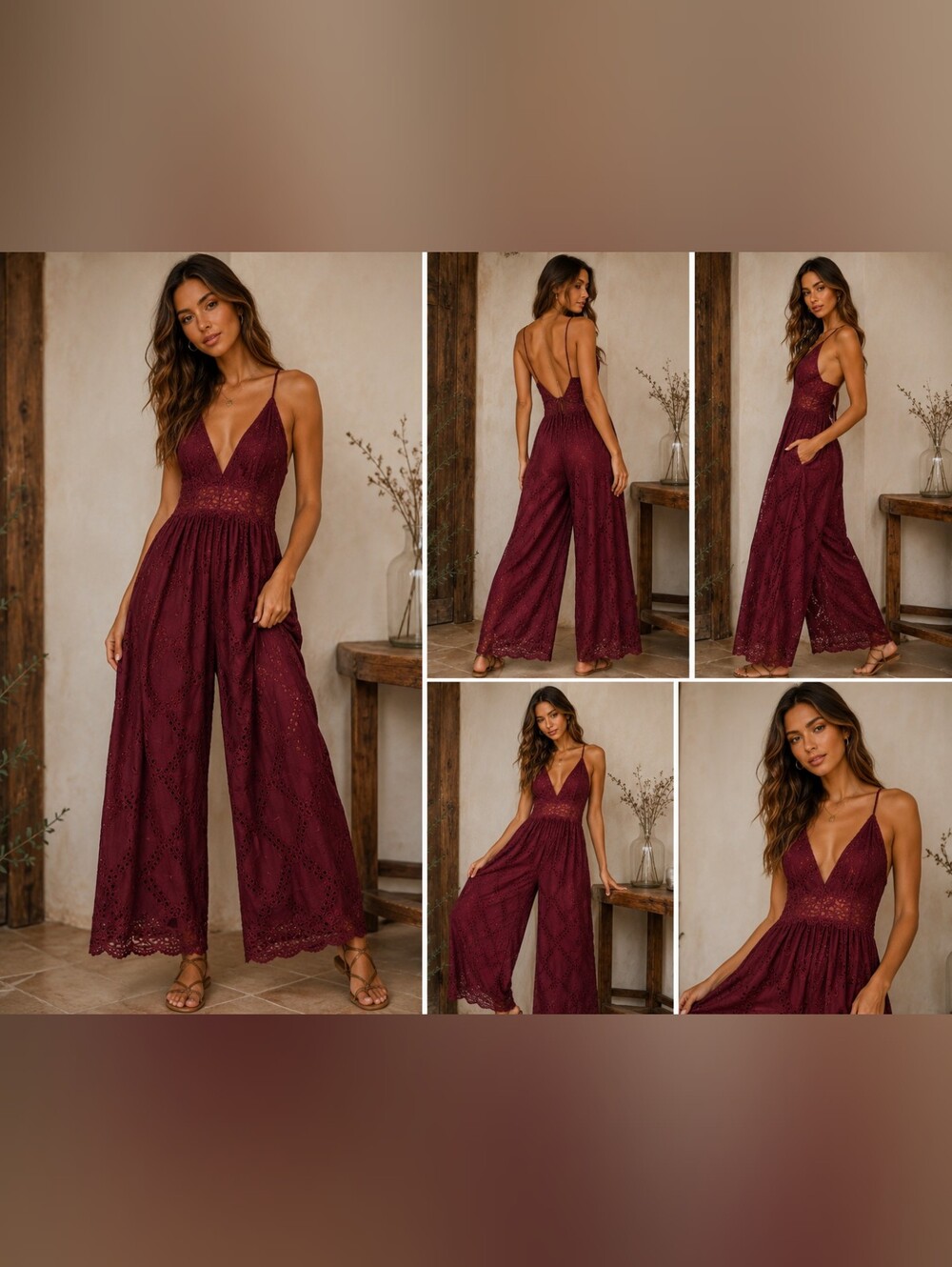 Gianni Bini Wine Lace Wide-Leg Spaghetti-Strap Jumpsuit